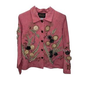 Alex Kim Jacket Pink Green Beads 3D Art Women Petite S Buttons Lined Appliqué